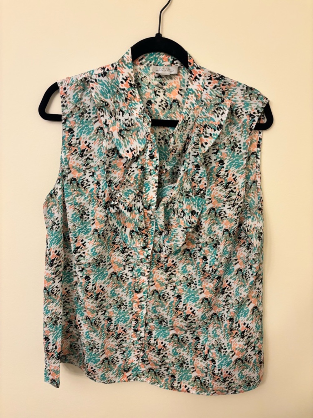 Tahari Sleeveless Button-Front Blouse in Teal, Peach and Black